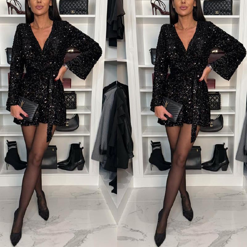 V-neck velvet sequin nightclub jumpsuit shorts for women