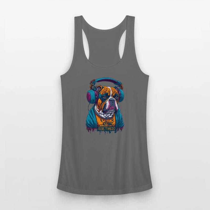 Dog as rapper, wearing headphones