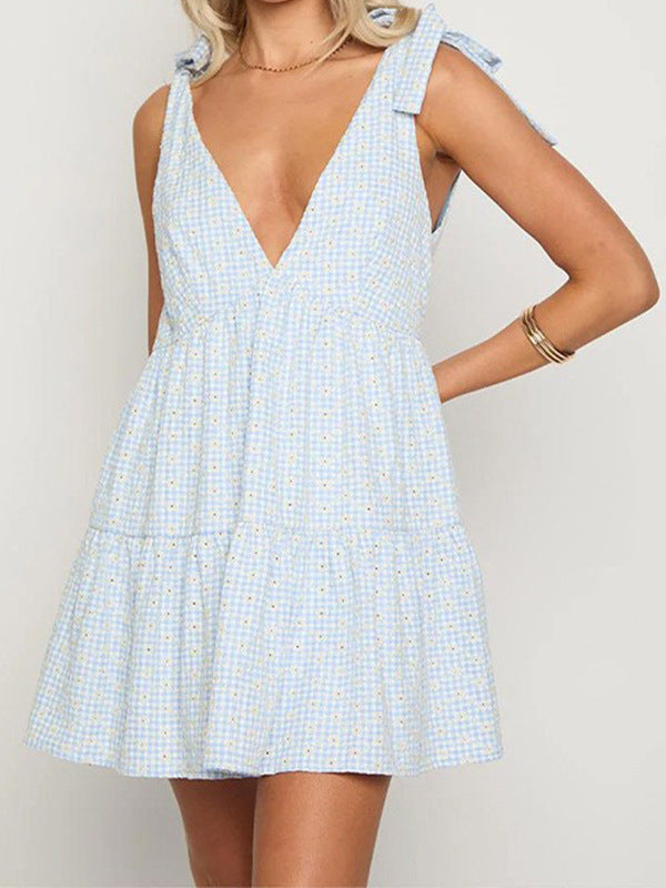 Casual Tie-Back Vest V-Neck Short Dress for Women