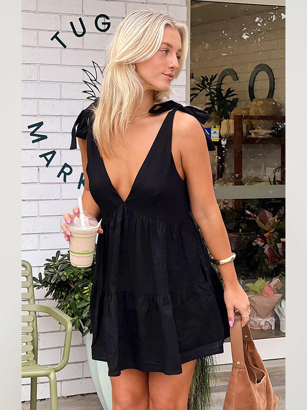 Casual Tie-Back Vest V-Neck Short Dress for Women