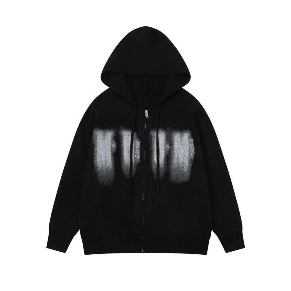 Graffiti splashed ink hooded knitted jacket
