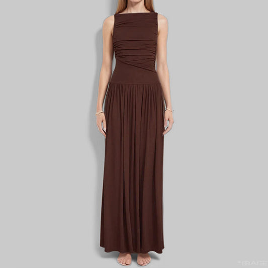 Style Solid Color Sleeveless Pleated Waist-Slimming Patchwork Sexy Long Dress
