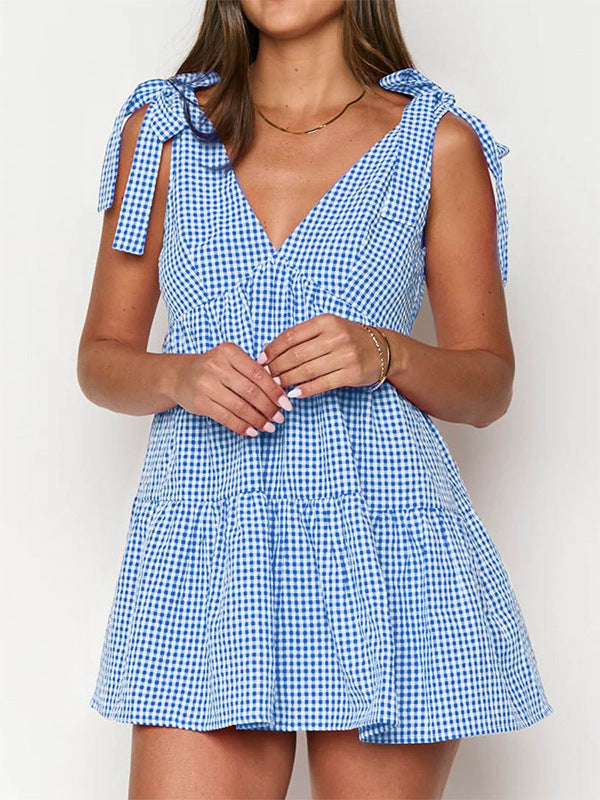 Casual Tie-Back Vest V-Neck Short Dress for Women