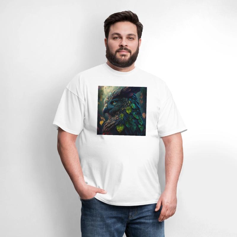 A close up of a bird with leaves on it s head