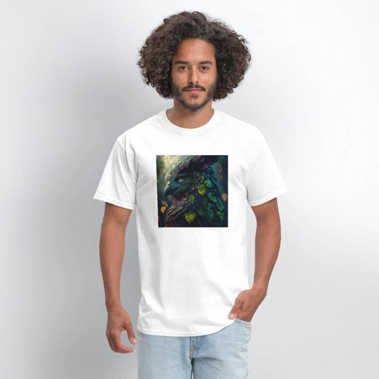 A close up of a bird with leaves on it s head