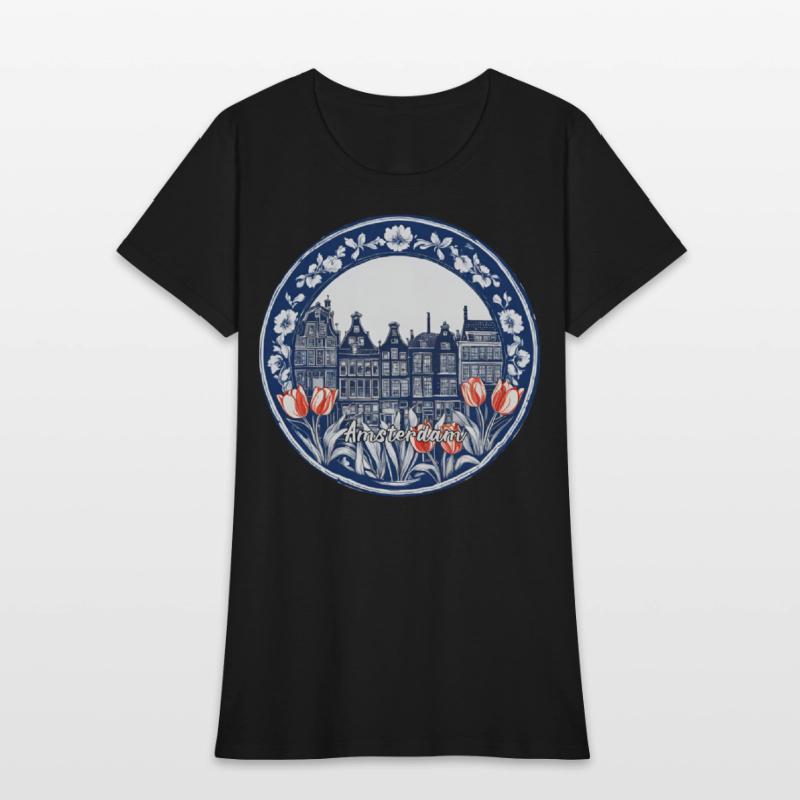 Amsterdam Houses Red Tulips Dutch Blue