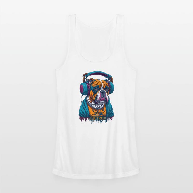 Dog as rapper, wearing headphones