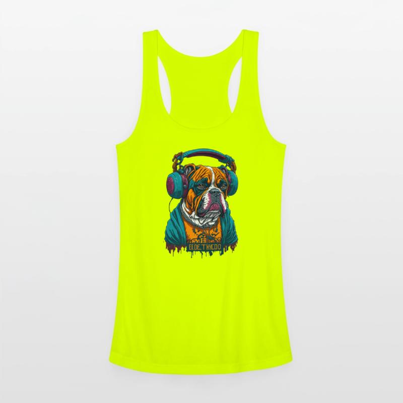 Dog as rapper, wearing headphones