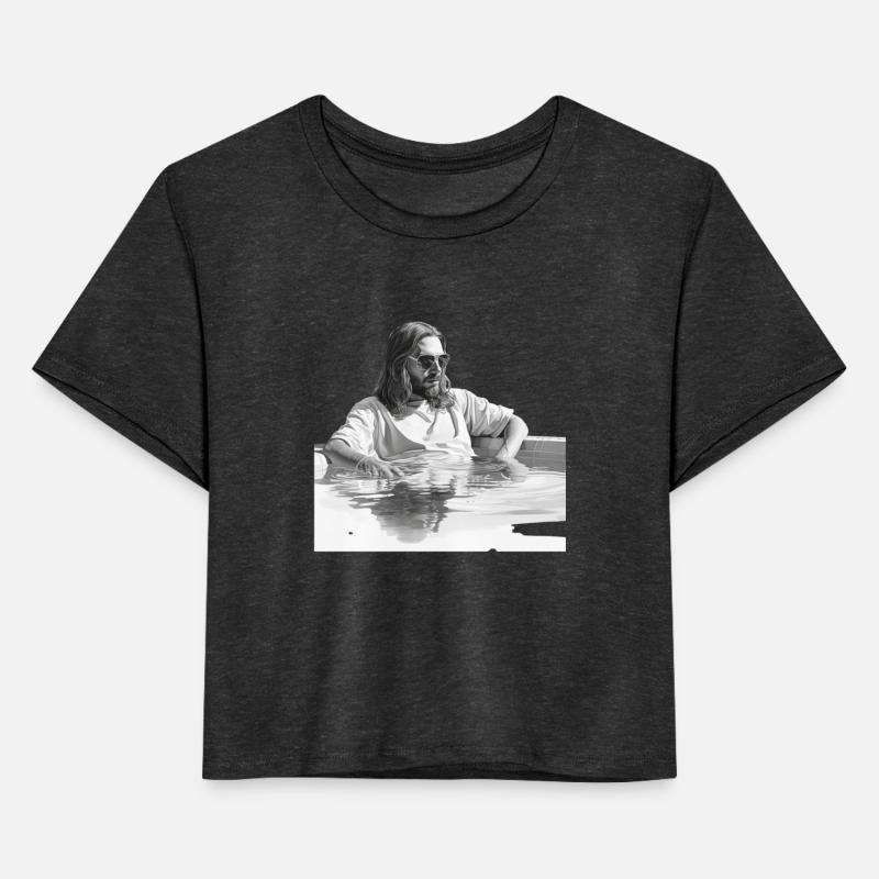 Jesus with sunglasses relaxing in a swimming pool